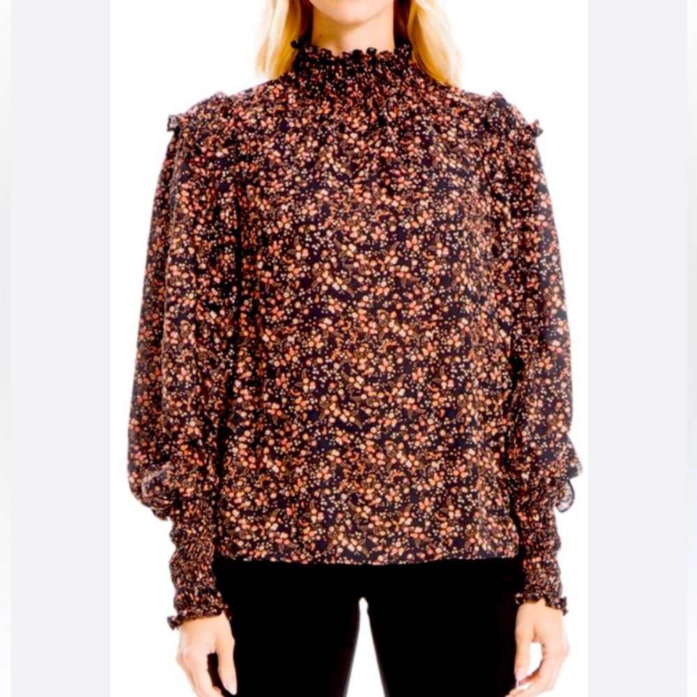 Max Studio | Floral Smocked Mock Neck Ruffled Blouse